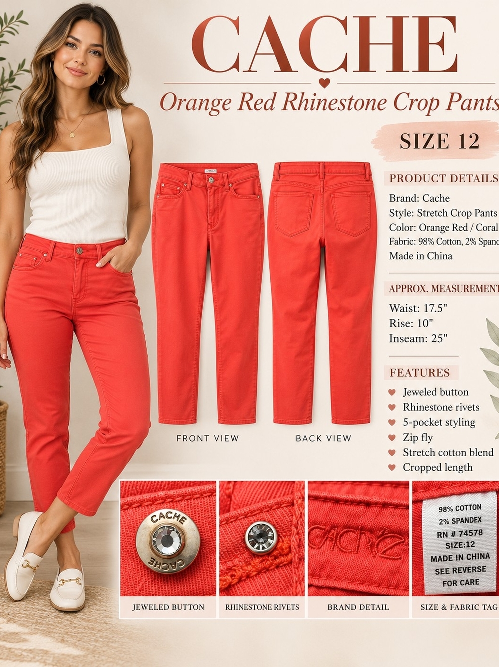 Cachรฉ Y2K Orange Red Rhinestone Stretch Crop Jeans Pants Size 12